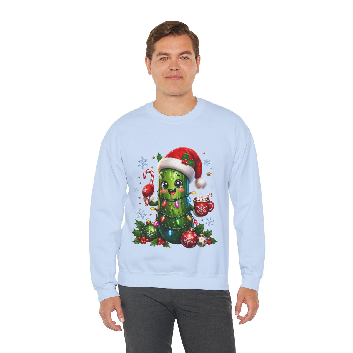Christmas Pickle Sweatshirt – Cute Santa Hat Pickle with Candy Cane & Hot Cocoa