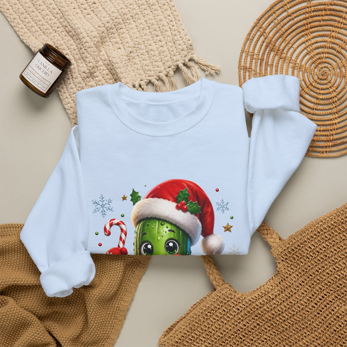 Christmas Pickle Sweatshirt – Cute Santa Hat Pickle with Candy Cane & Hot Cocoa