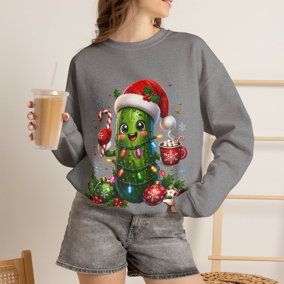 Christmas Pickle Sweatshirt – Cute Santa Hat Pickle with Candy Cane & Hot Cocoa