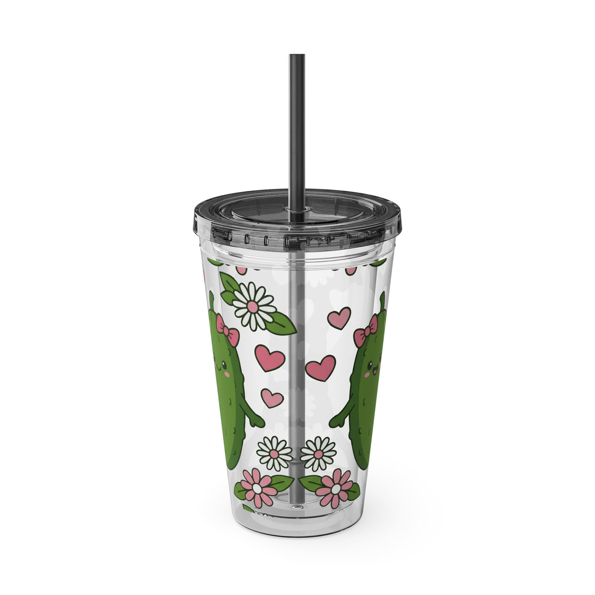 Full Wrap - Cute Pickle Love 16oz Tumbler with Straw — Floral Heart Kawaii Drink Cup