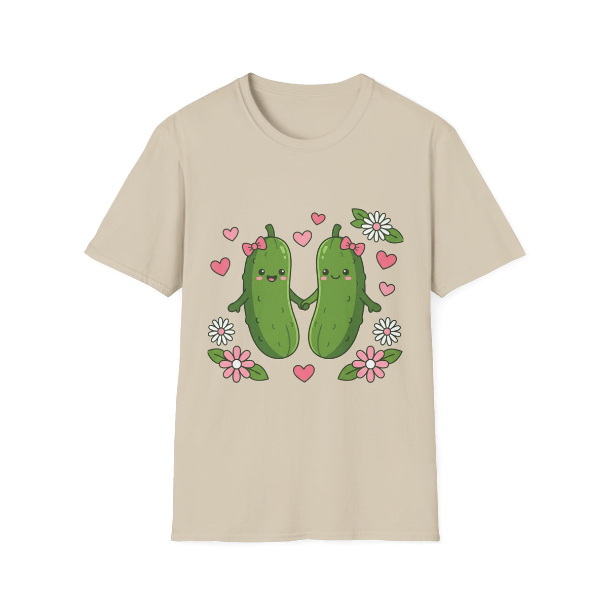 Cute Pickle Couple T-Shirt — Kawaii Matching Pickles with Hearts & Flowers