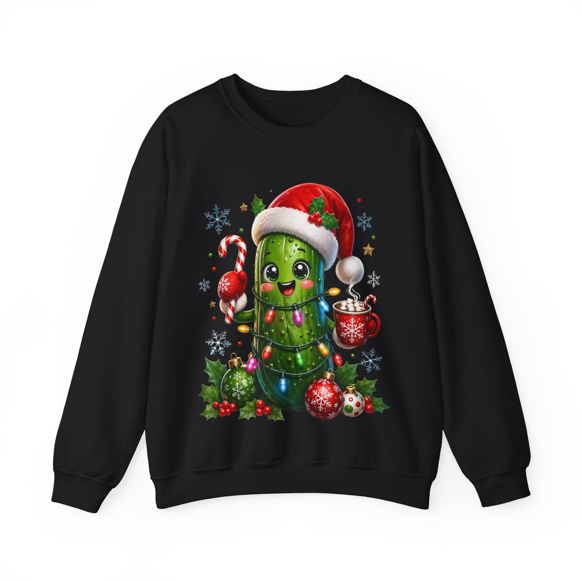 MD - Christmas Pickle Sweatshirt – Cute Holiday Pickle in Santa Hat with Candy Cane & Hot Cocoa