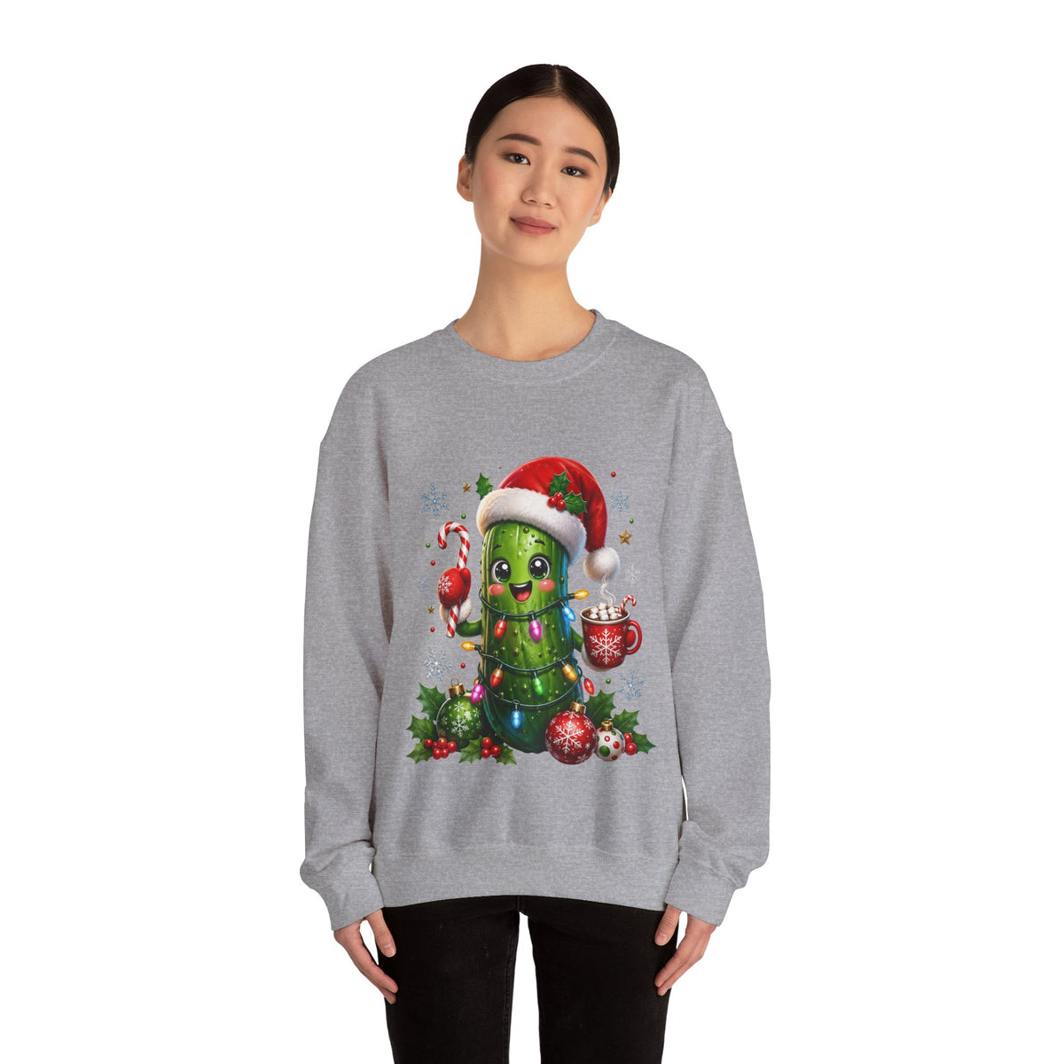 Christmas Pickle Sweatshirt – Cute Santa Hat Pickle with Candy Cane & Hot Cocoa