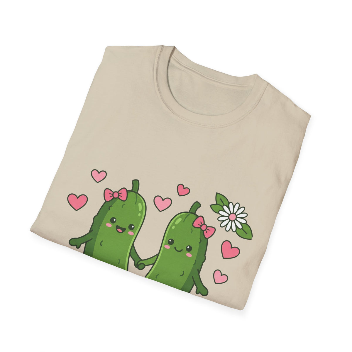 Cute Pickle Couple T-Shirt — Kawaii Matching Pickles with Hearts & Flowers