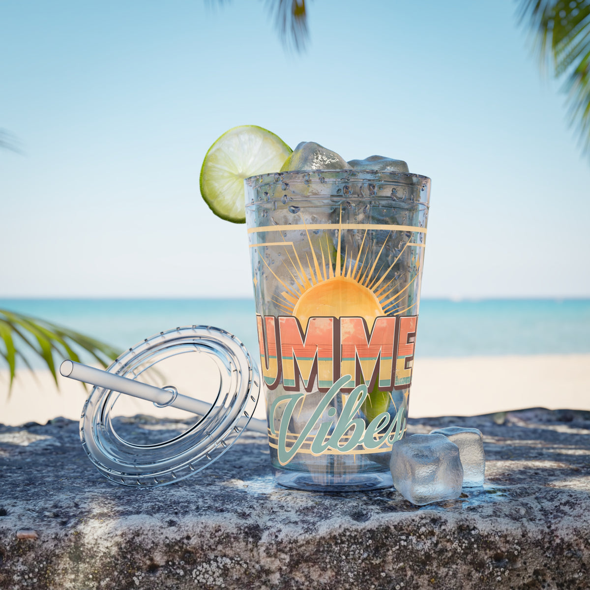 Summer Vibes Tumbler — 16oz Sunsplash Drink Tumbler with Straw