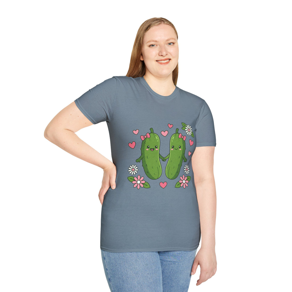 Cute Pickle Couple T-Shirt — Kawaii Matching Pickles with Hearts & Flowers