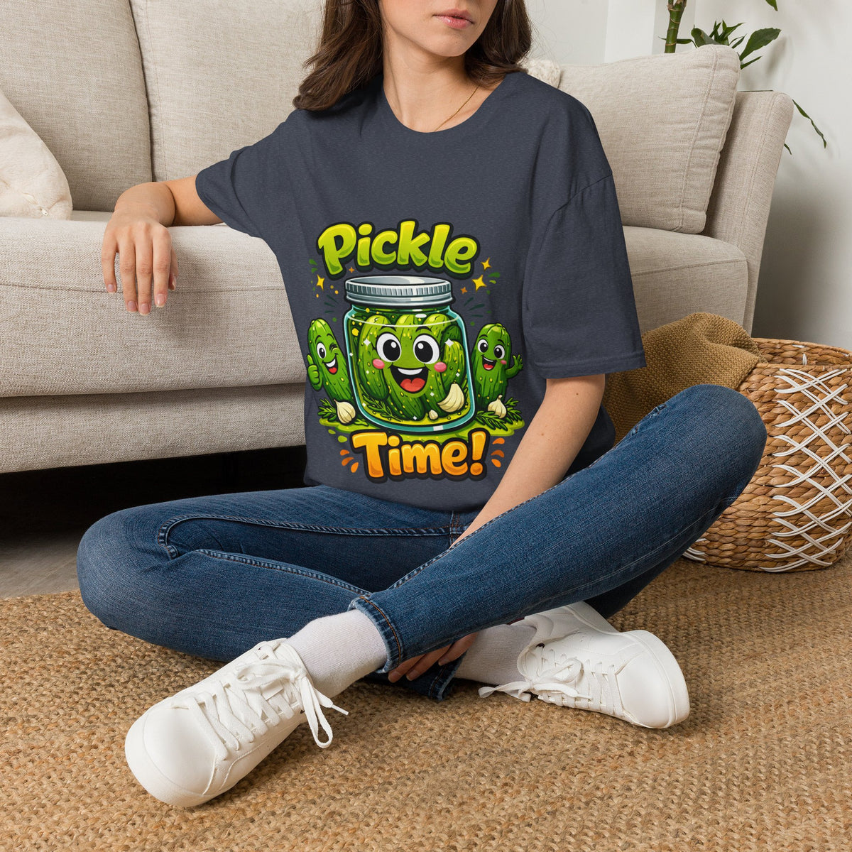 MD - Pickle Time T-Shirt — Cute Cartoon Pickle Jar Graphic Tee