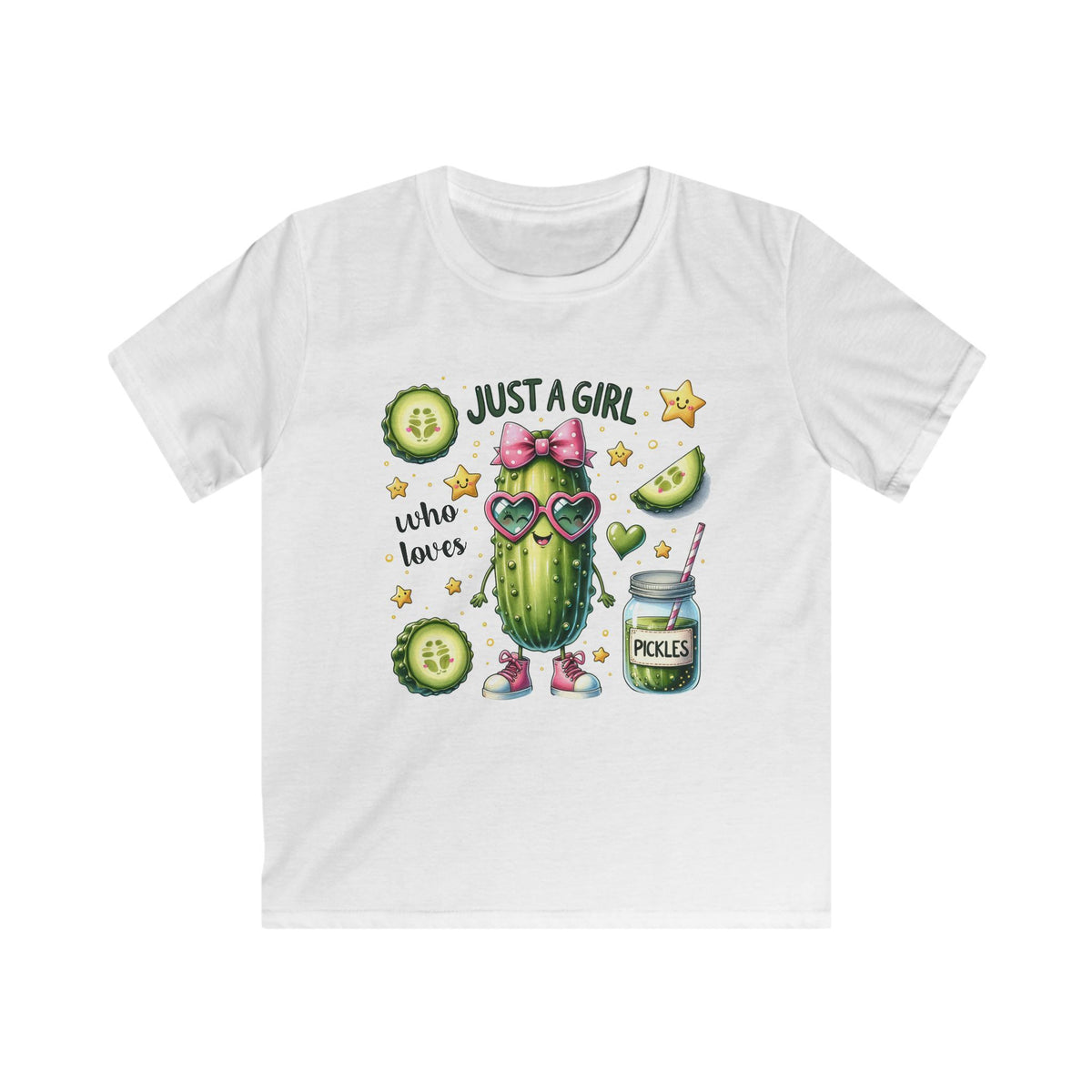 Kids Tee — "Just a Girl Who Loves Pickles" Cute Cactus Pickle Graphic