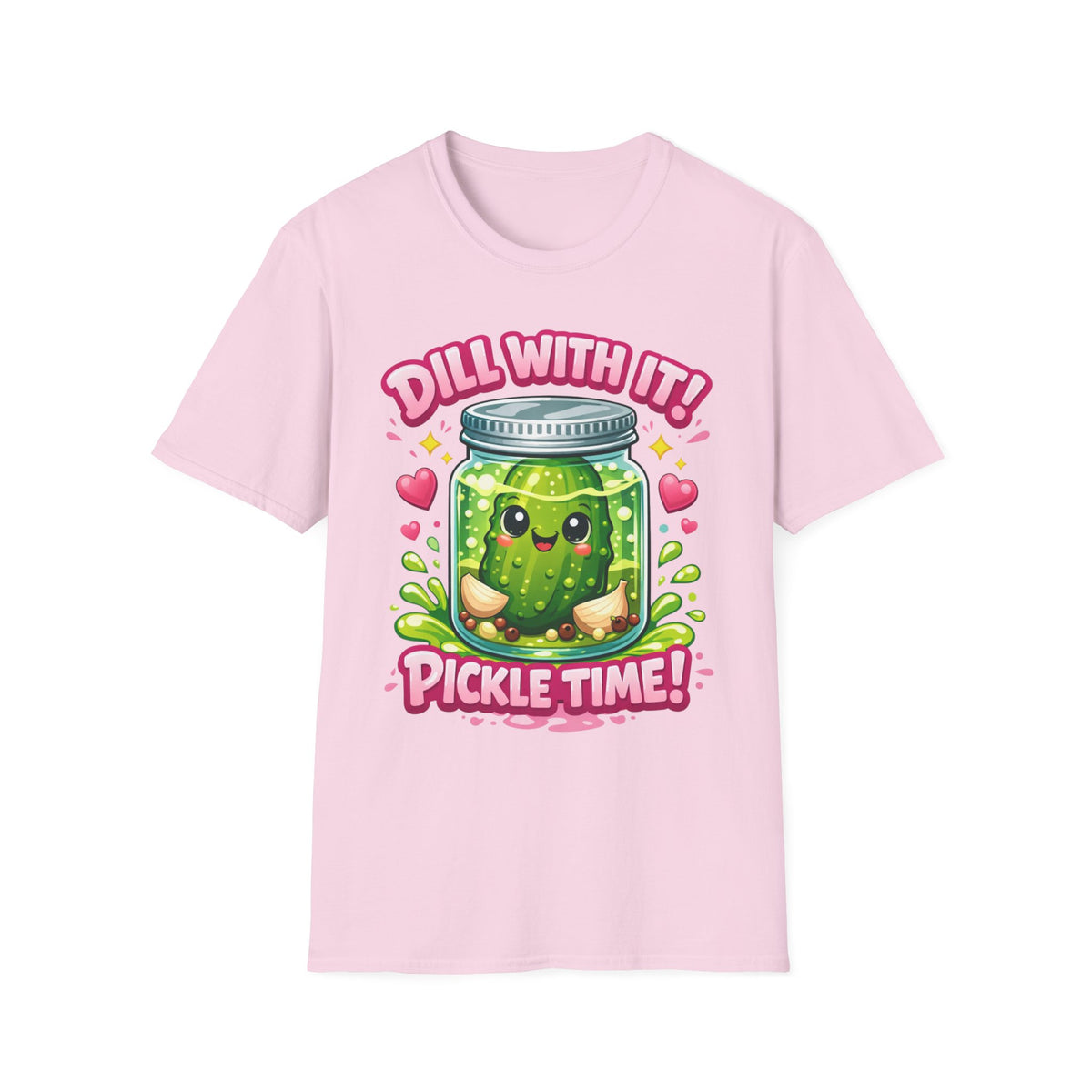 T-Shirt — Cute Kawaii Pickle Jar Design "Dill With It! Pickle Time!" | Funny Foodie Tee