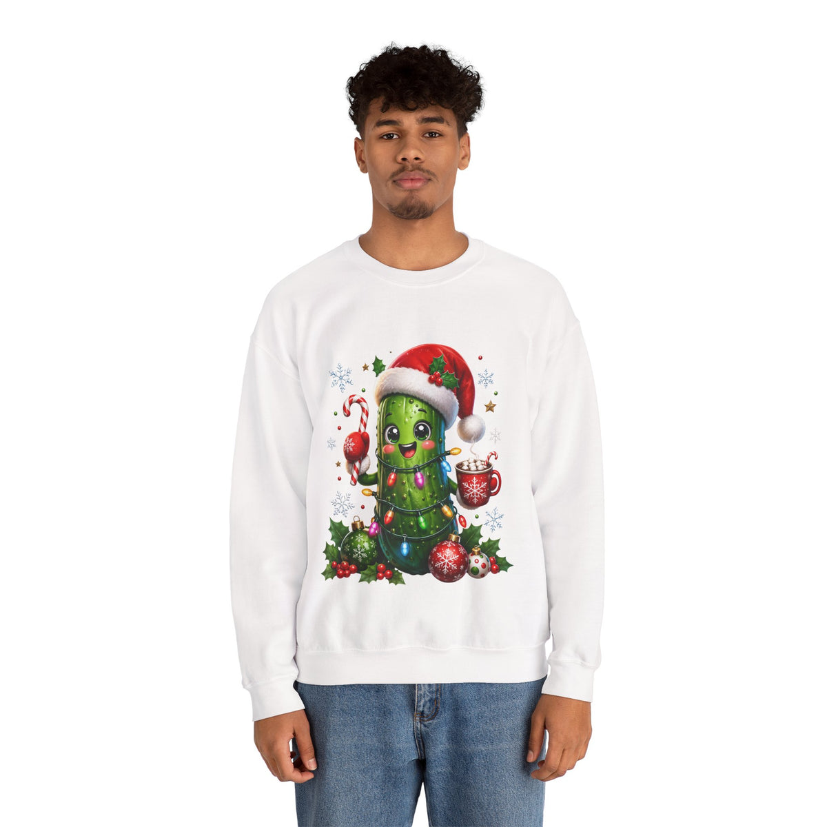 Christmas Pickle Sweatshirt – Cute Santa Hat Pickle with Candy Cane & Hot Cocoa