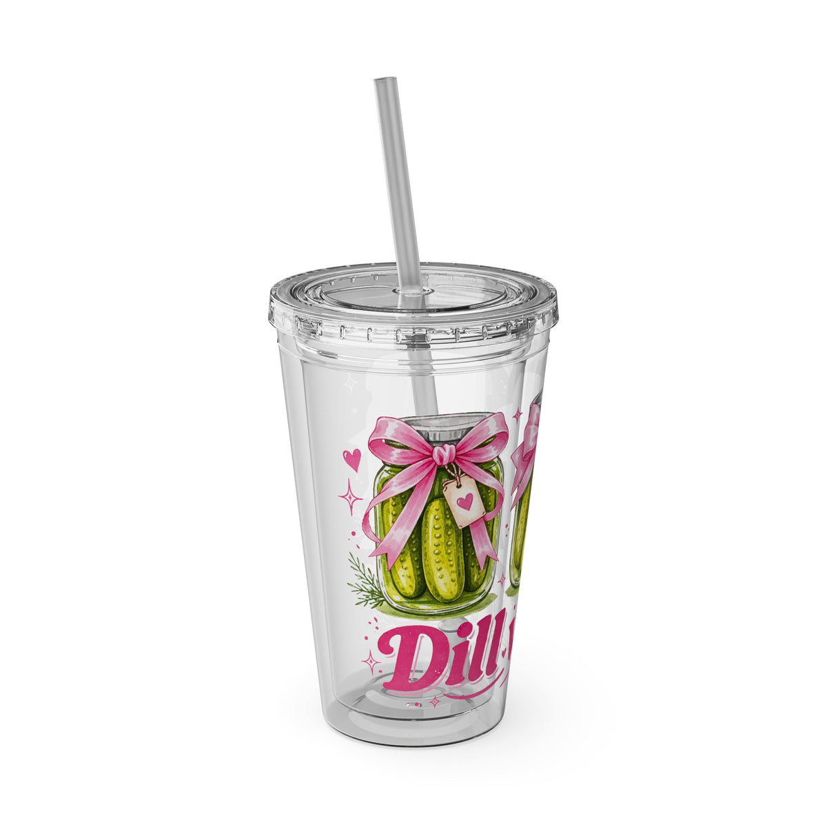 Larger Wrap - Dill With It Tumbler - 16oz Clear Plastic Cup with Straw (Cute Pickle Design)