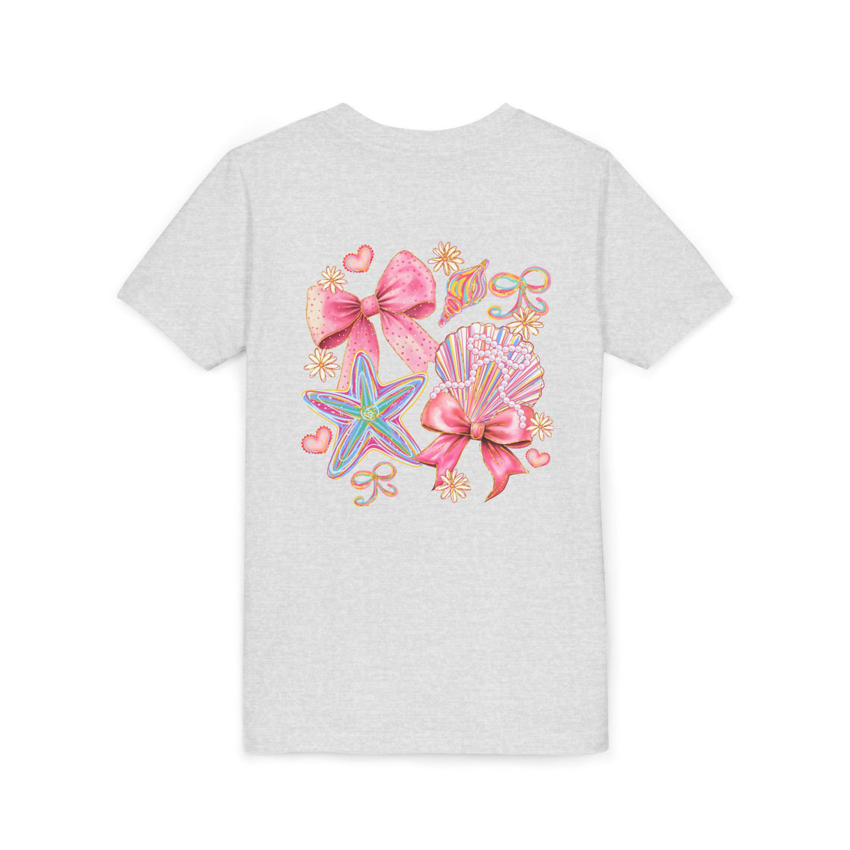 Kids Tee — Pink Seashell & Starfish Bow Graphic Shirt - Front and Back