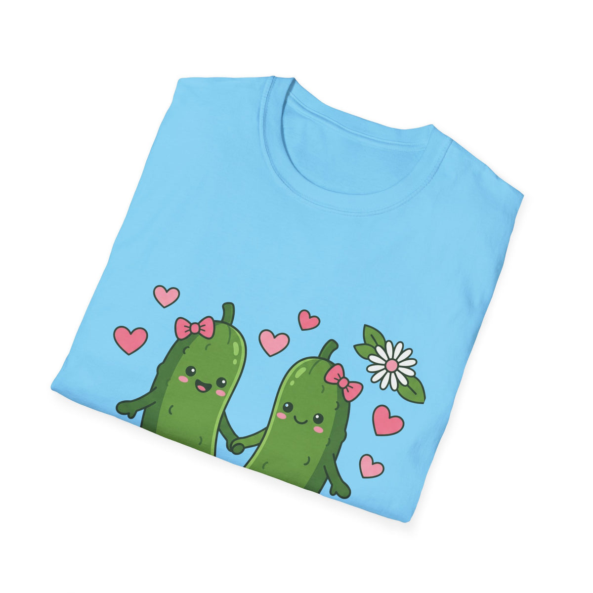 Cute Pickle Couple T-Shirt — Kawaii Matching Pickles with Hearts & Flowers