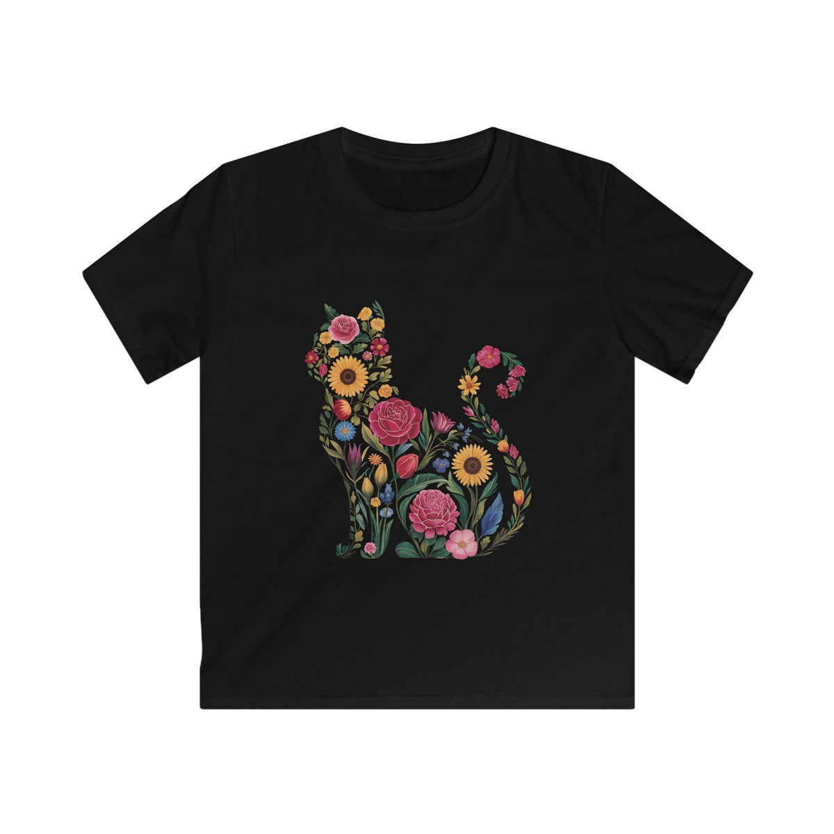 Kids Tee - Cute Botanical Floral Kitten Tee for Girls & Boys