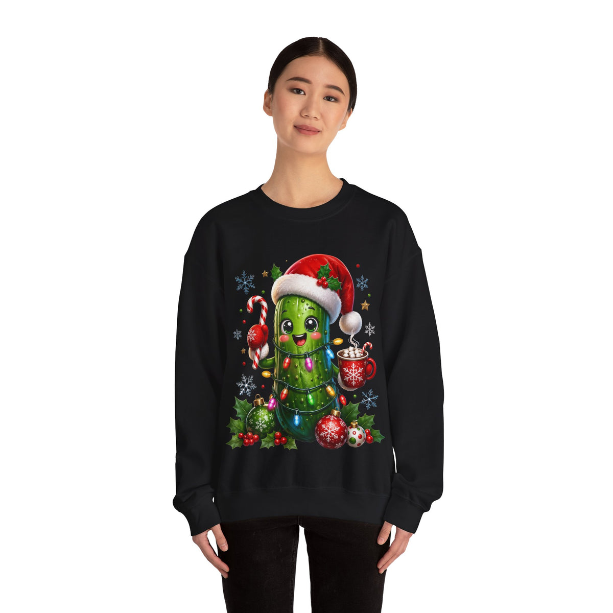 MD - Christmas Pickle Sweatshirt – Cute Holiday Pickle in Santa Hat with Candy Cane & Hot Cocoa