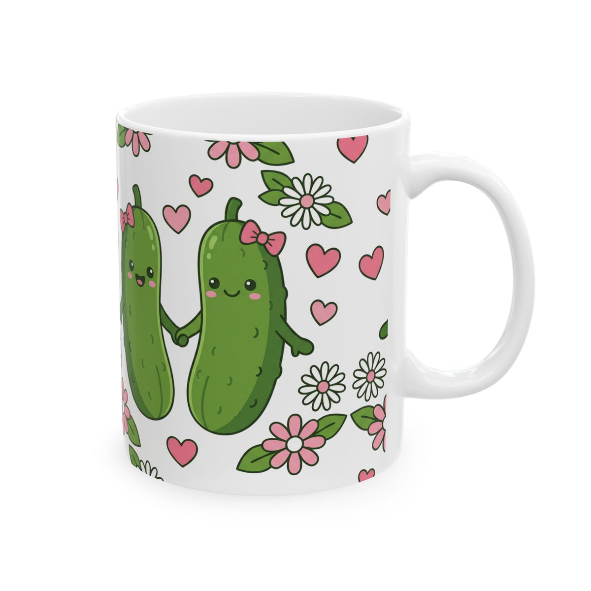 Cute Pickle Couple Mug — Kawaii Pickles with Hearts & Flowers (11oz/15oz)