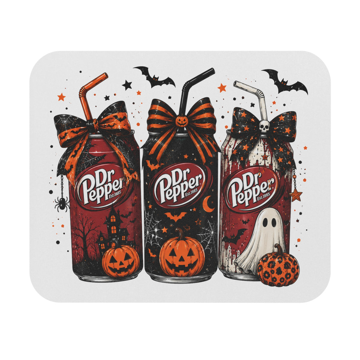 Halloween Dr Pepper Cans Mouse Pad — Spooky Pumpkin & Ghost Desk Mat