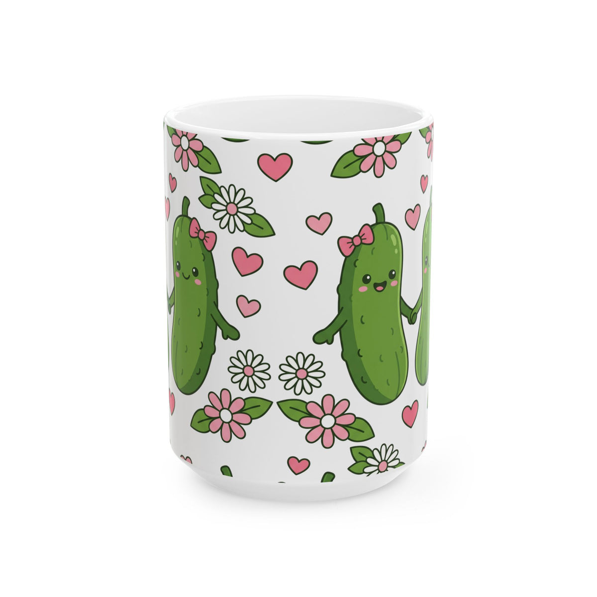 Cute Pickle Couple Mug — Kawaii Pickles with Hearts & Flowers (11oz/15oz)