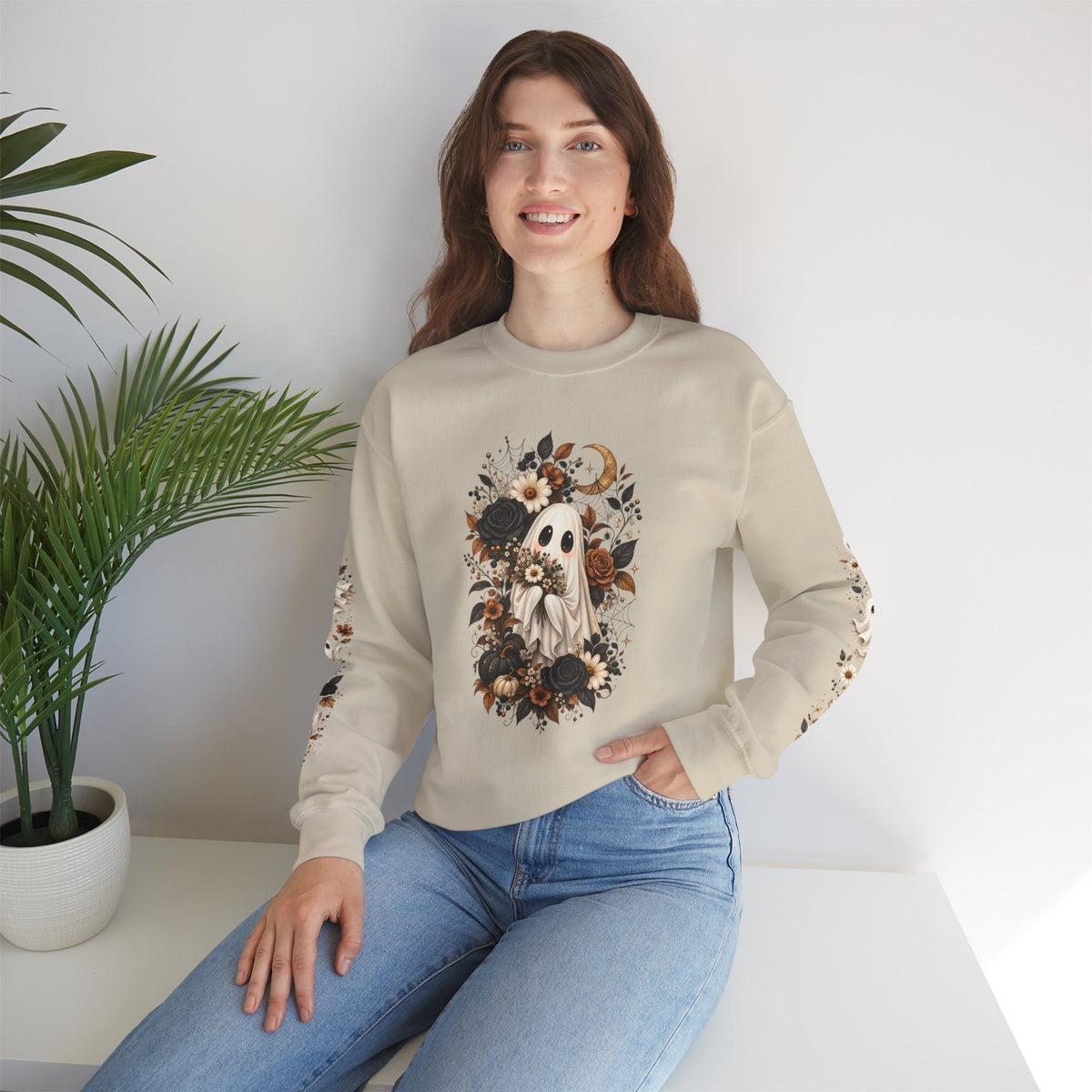 Ghost & Sunflower Crewneck Sweatshirt — Spooky Autumn Floral Pullover