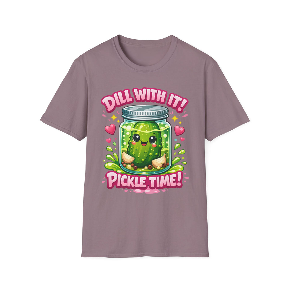 T-Shirt — Cute Kawaii Pickle Jar Design "Dill With It! Pickle Time!" | Funny Foodie Tee