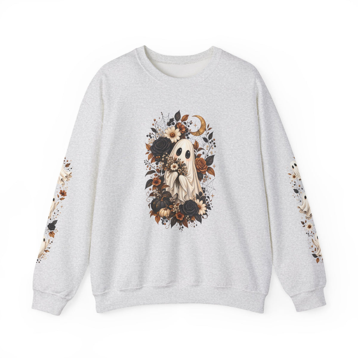Ghost & Sunflower Crewneck Sweatshirt — Spooky Autumn Floral Pullover