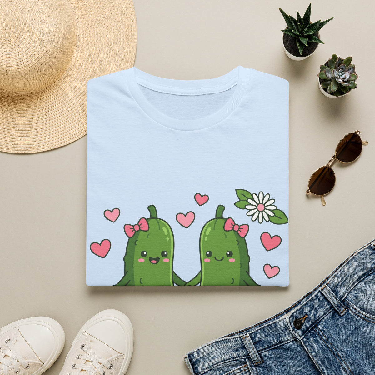 Cute Pickle Couple T-Shirt — Kawaii Matching Pickles with Hearts & Flowers