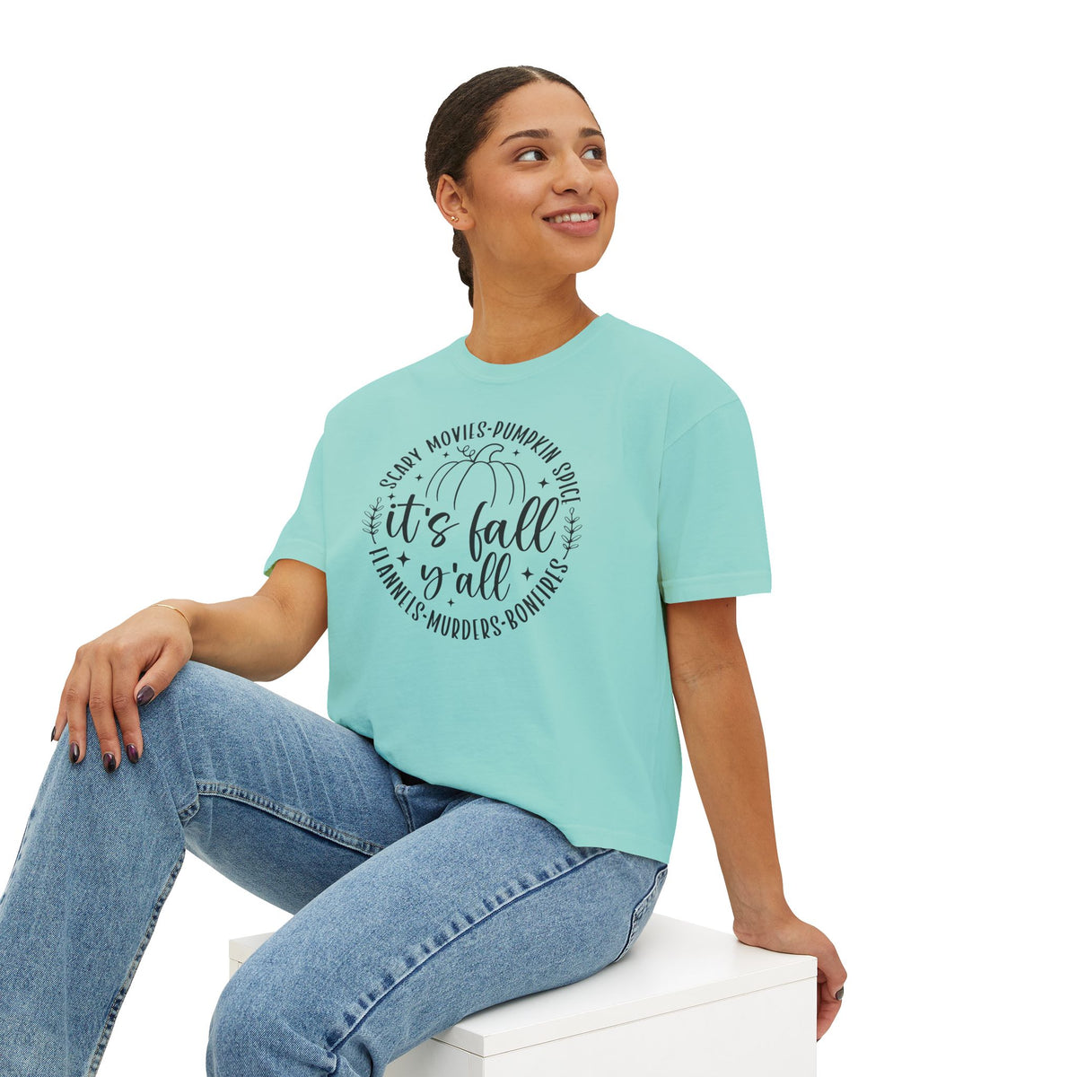 Fall Vibes Boxy Tee — "It's Fall Y'all" Pumpkin Graphic