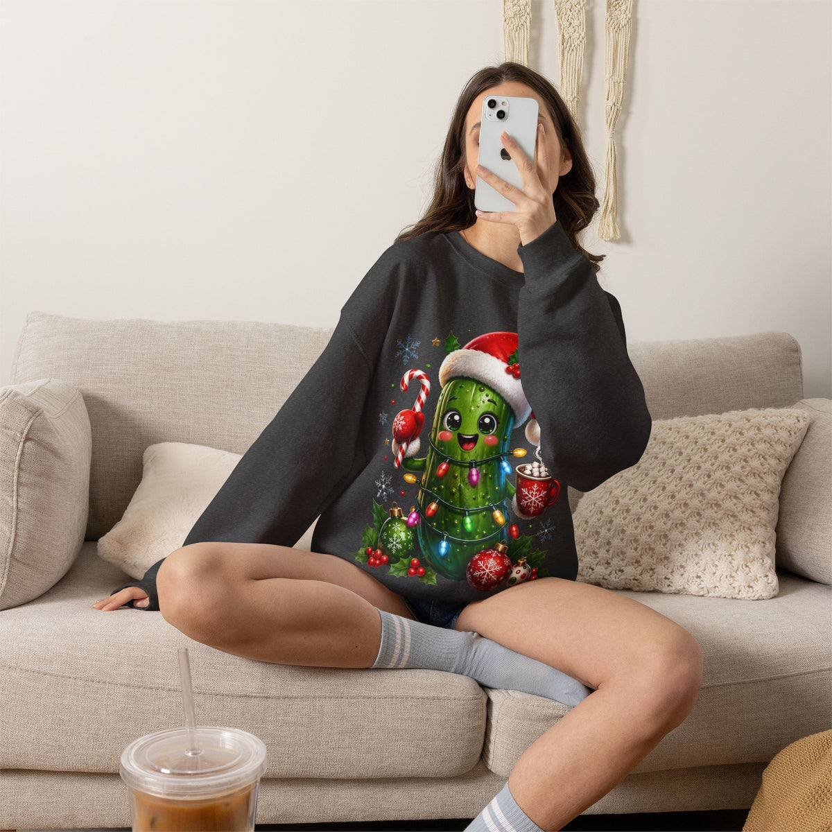 MD - Christmas Pickle Sweatshirt – Cute Holiday Pickle in Santa Hat with Candy Cane & Hot Cocoa