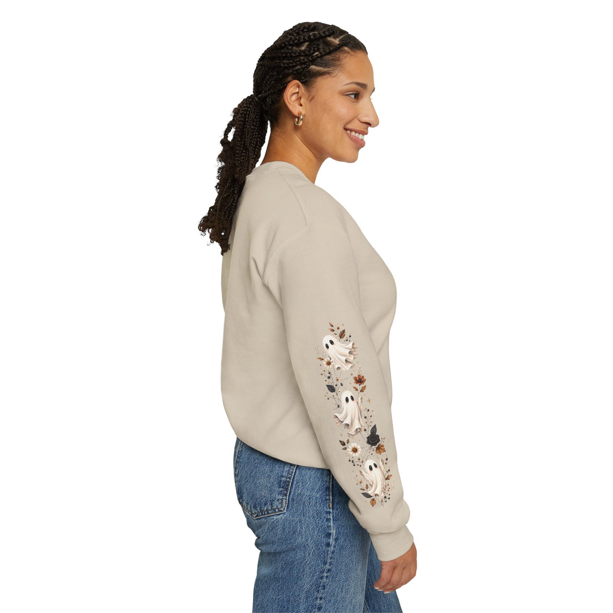 Ghost & Sunflower Crewneck Sweatshirt — Spooky Autumn Floral Pullover