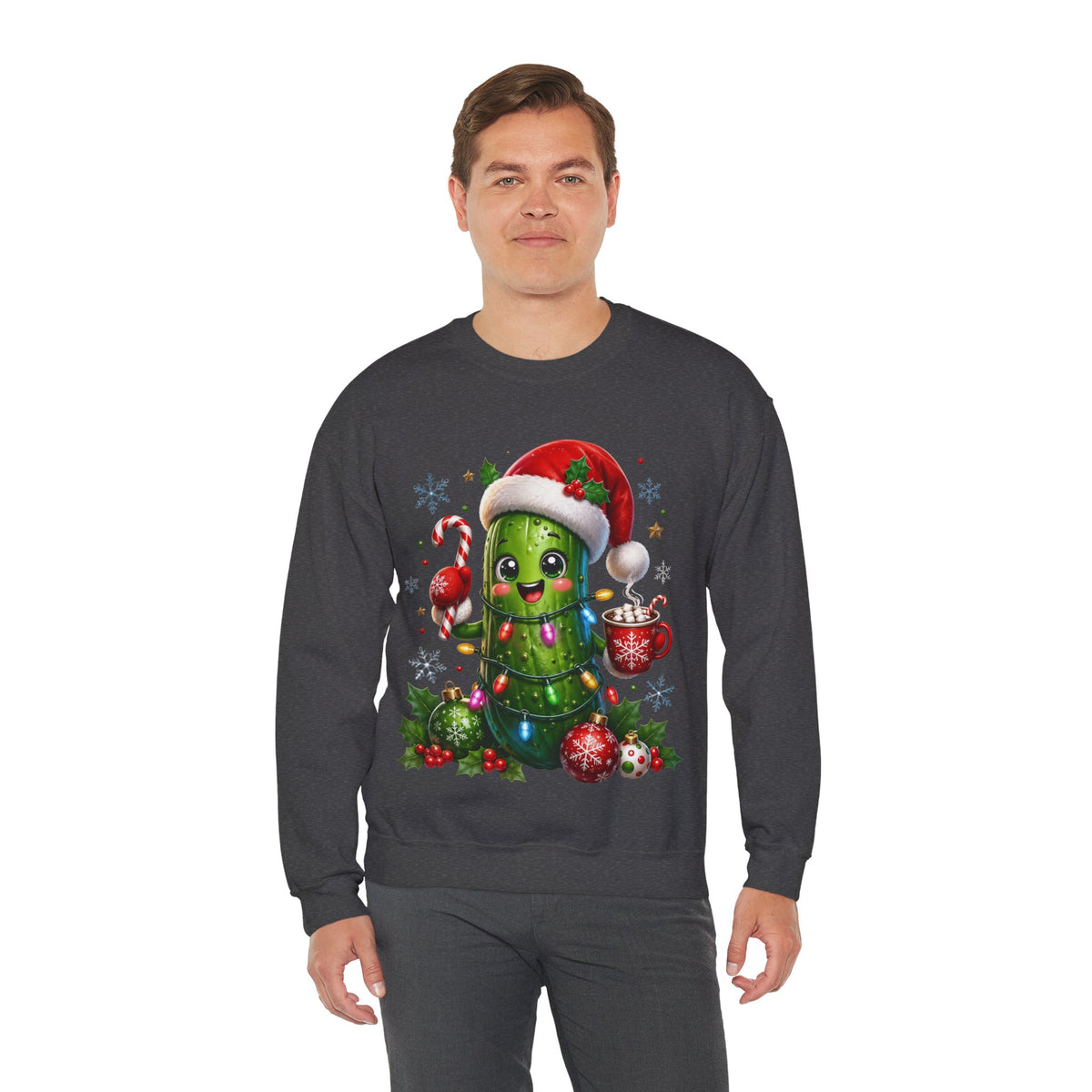 MD - Christmas Pickle Sweatshirt – Cute Holiday Pickle in Santa Hat with Candy Cane & Hot Cocoa