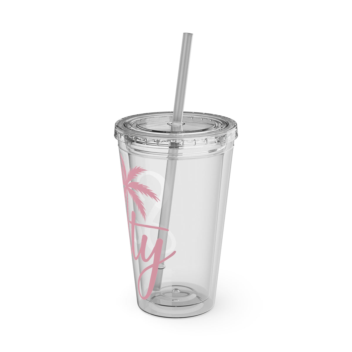16oz Salty Palm Tumbler with Straw – Clear Beach-Inspired Reusable Cup