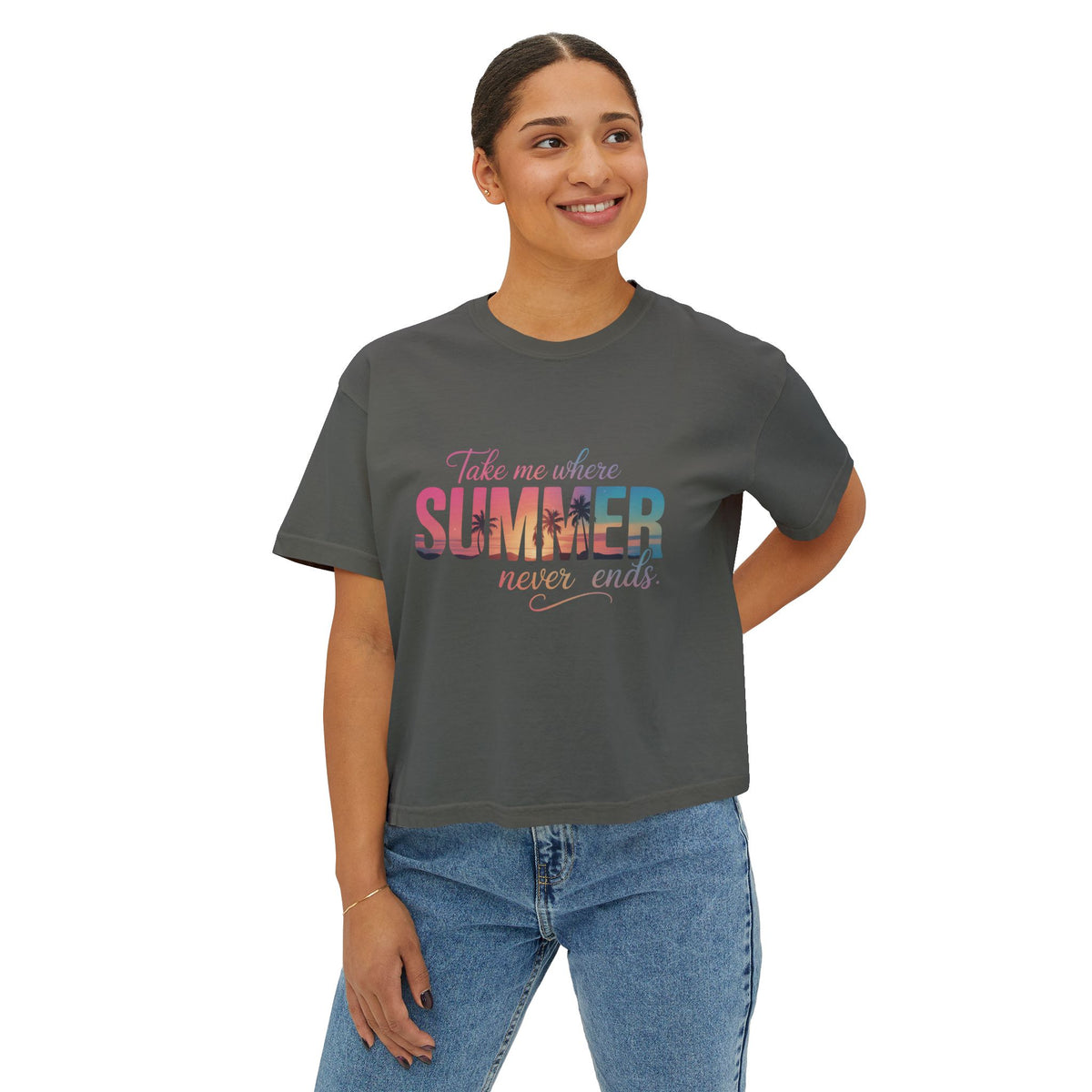 Summer Vibe Boxy Tee — "Take Me Where Summer Never Ends"
