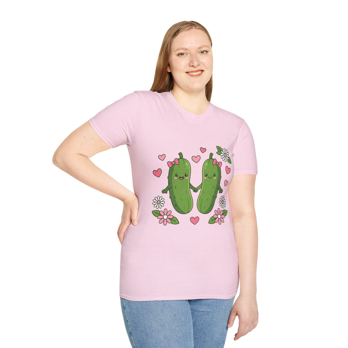 Cute Pickle Couple T-Shirt — Kawaii Matching Pickles with Hearts & Flowers