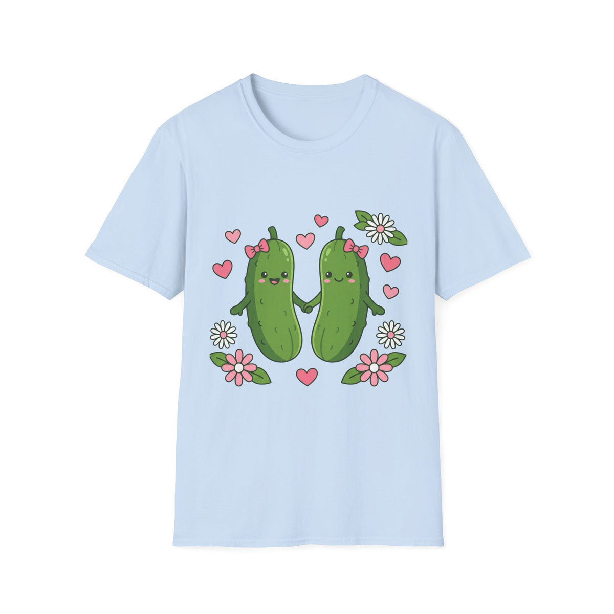 Cute Pickle Couple T-Shirt — Kawaii Matching Pickles with Hearts & Flowers