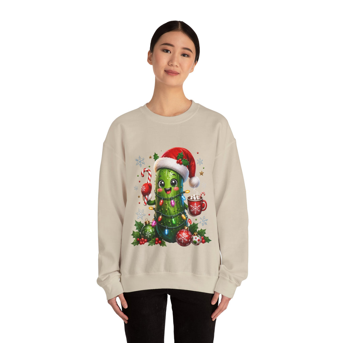 Christmas Pickle Sweatshirt – Cute Santa Hat Pickle with Candy Cane & Hot Cocoa