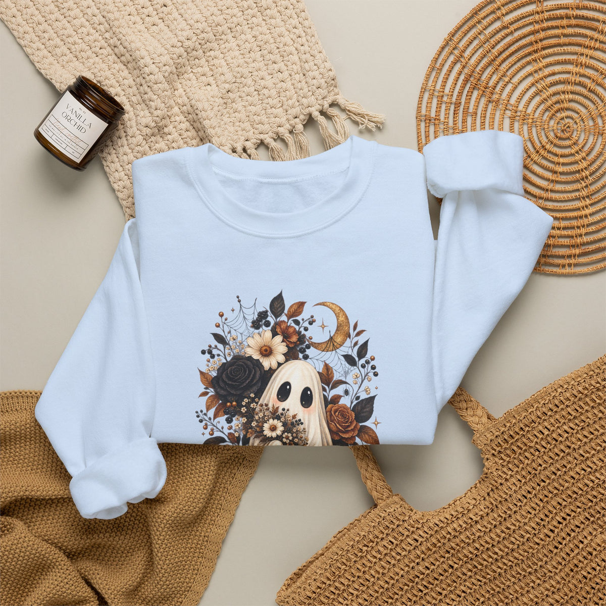 Ghost & Sunflower Crewneck Sweatshirt — Spooky Autumn Floral Pullover