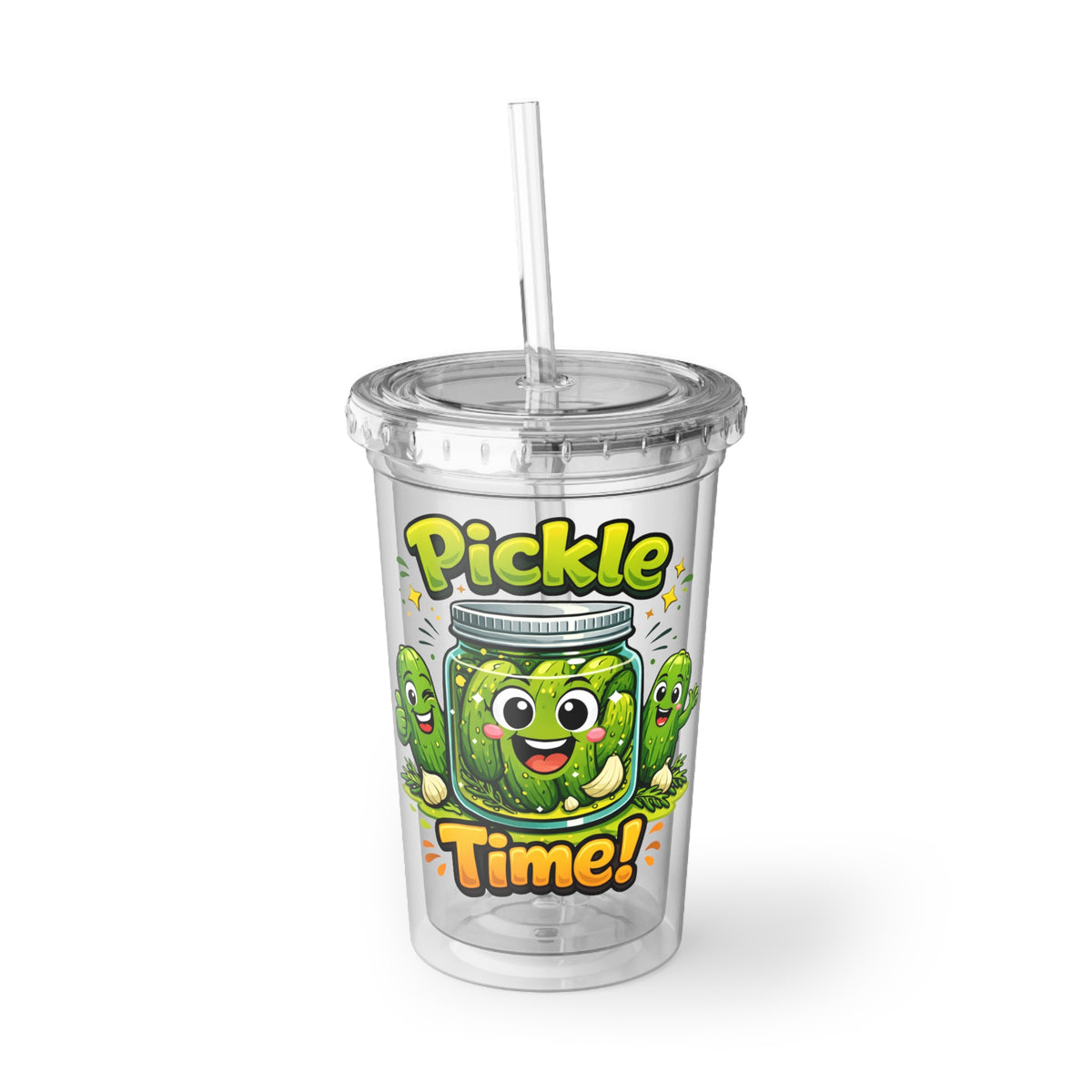Pickle Time Acrylic Tumbler – Cute Cartoon Pickles Travel Cup with Straw