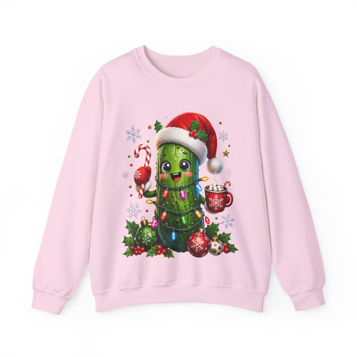 MD - Christmas Pickle Sweatshirt – Cute Holiday Pickle in Santa Hat with Candy Cane & Hot Cocoa