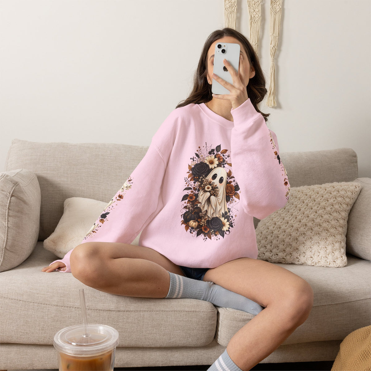 Ghost & Sunflower Crewneck Sweatshirt — Spooky Autumn Floral Pullover