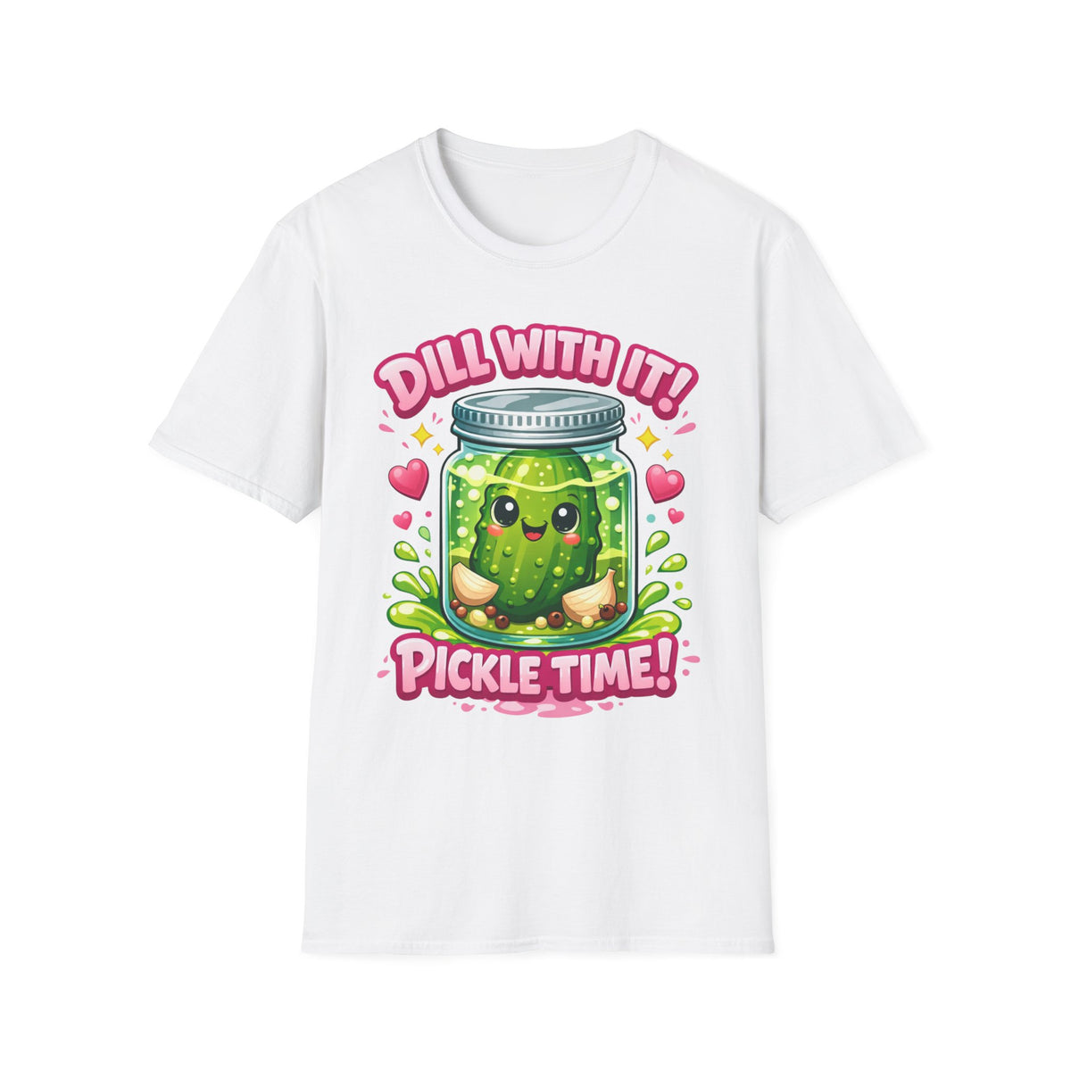T-Shirt — Cute Kawaii Pickle Jar Design "Dill With It! Pickle Time!" | Funny Foodie Tee