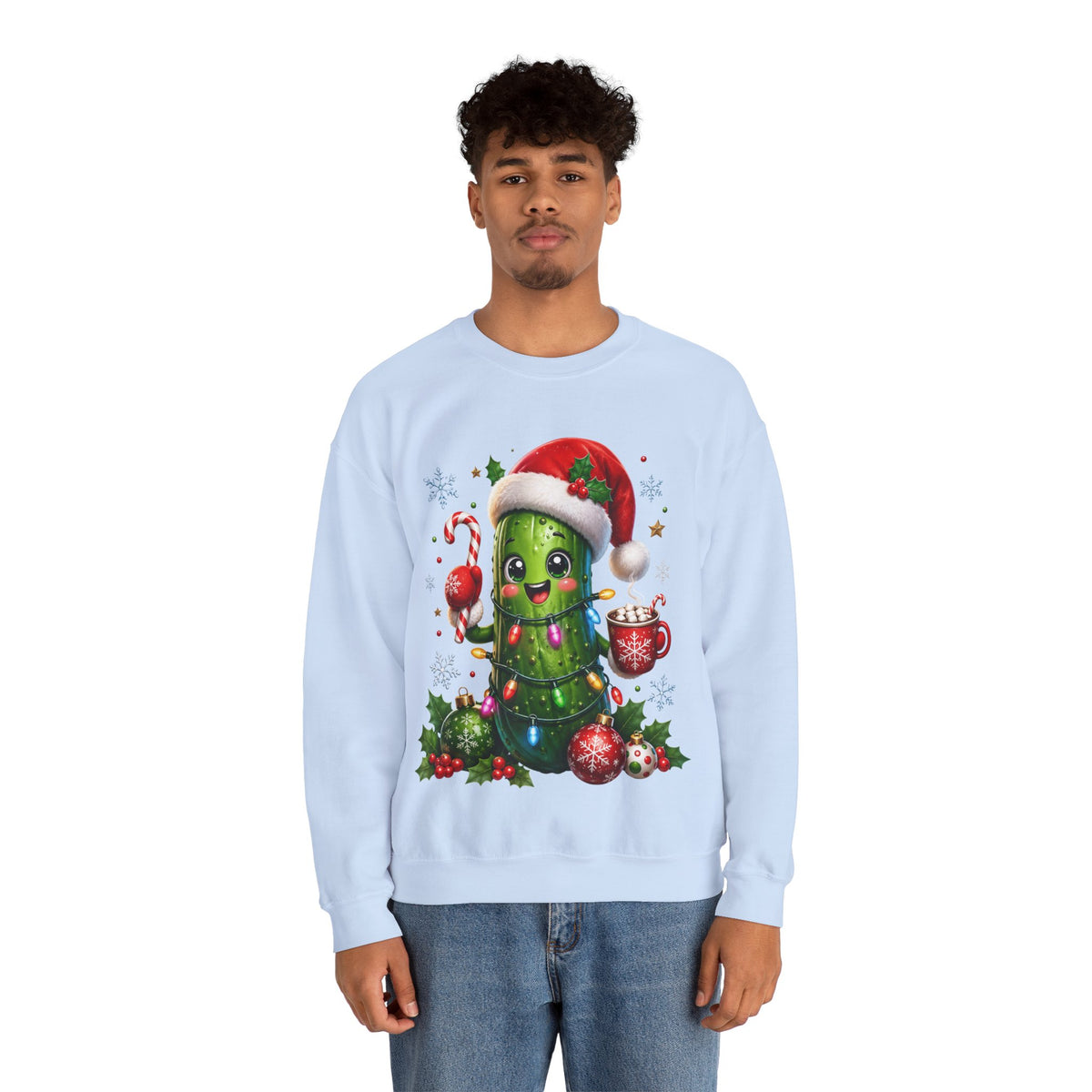 MD - Christmas Pickle Sweatshirt – Cute Holiday Pickle in Santa Hat with Candy Cane & Hot Cocoa