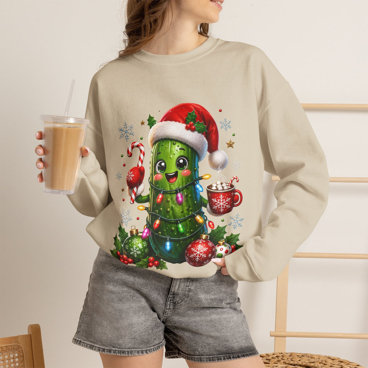Christmas Pickle Sweatshirt – Cute Santa Hat Pickle with Candy Cane & Hot Cocoa