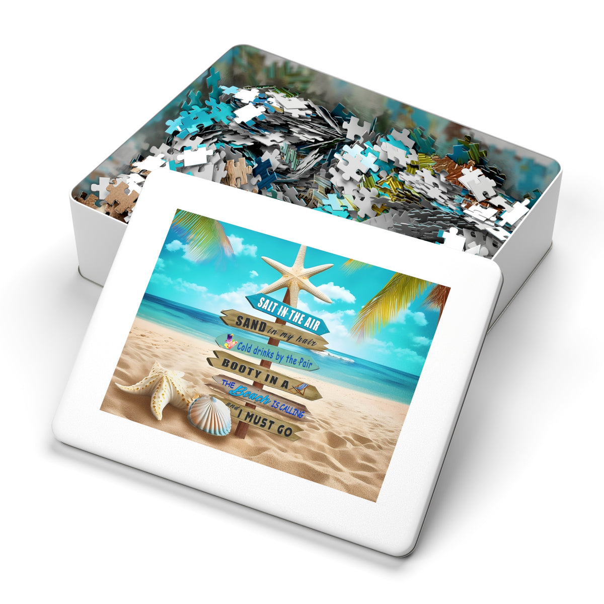 Beach Signpost Jigsaw Puzzle with Tin — 'Salt in the Air, Sand in My Hair' Seaside Puzzle Gift