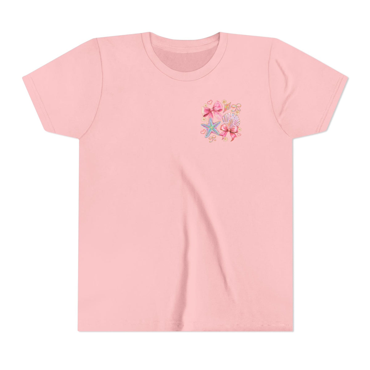 Kids Tee — Pink Seashell & Starfish Bow Graphic Shirt - Front and Back
