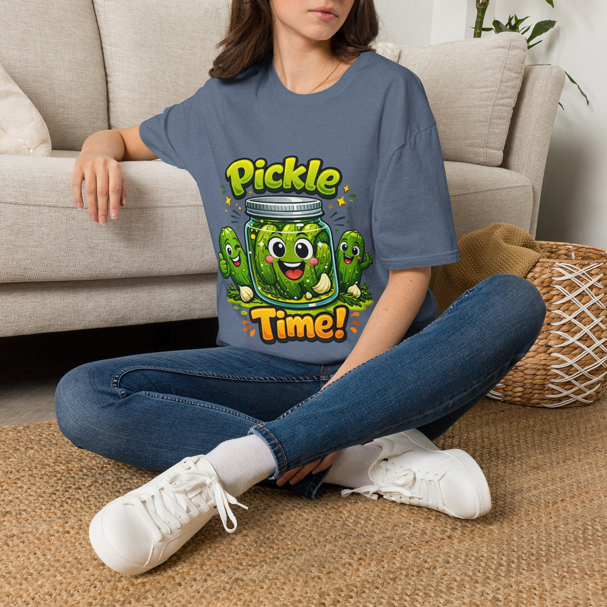 MD - Pickle Time T-Shirt — Cute Cartoon Pickle Jar Graphic Tee