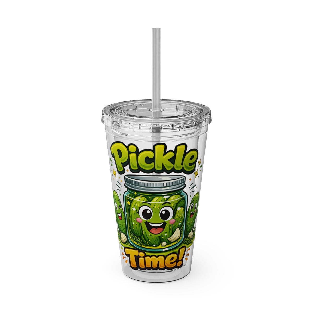 Pickle Time 16oz Tumbler with Straw — Cute Cartoon Pickle Drink Cup