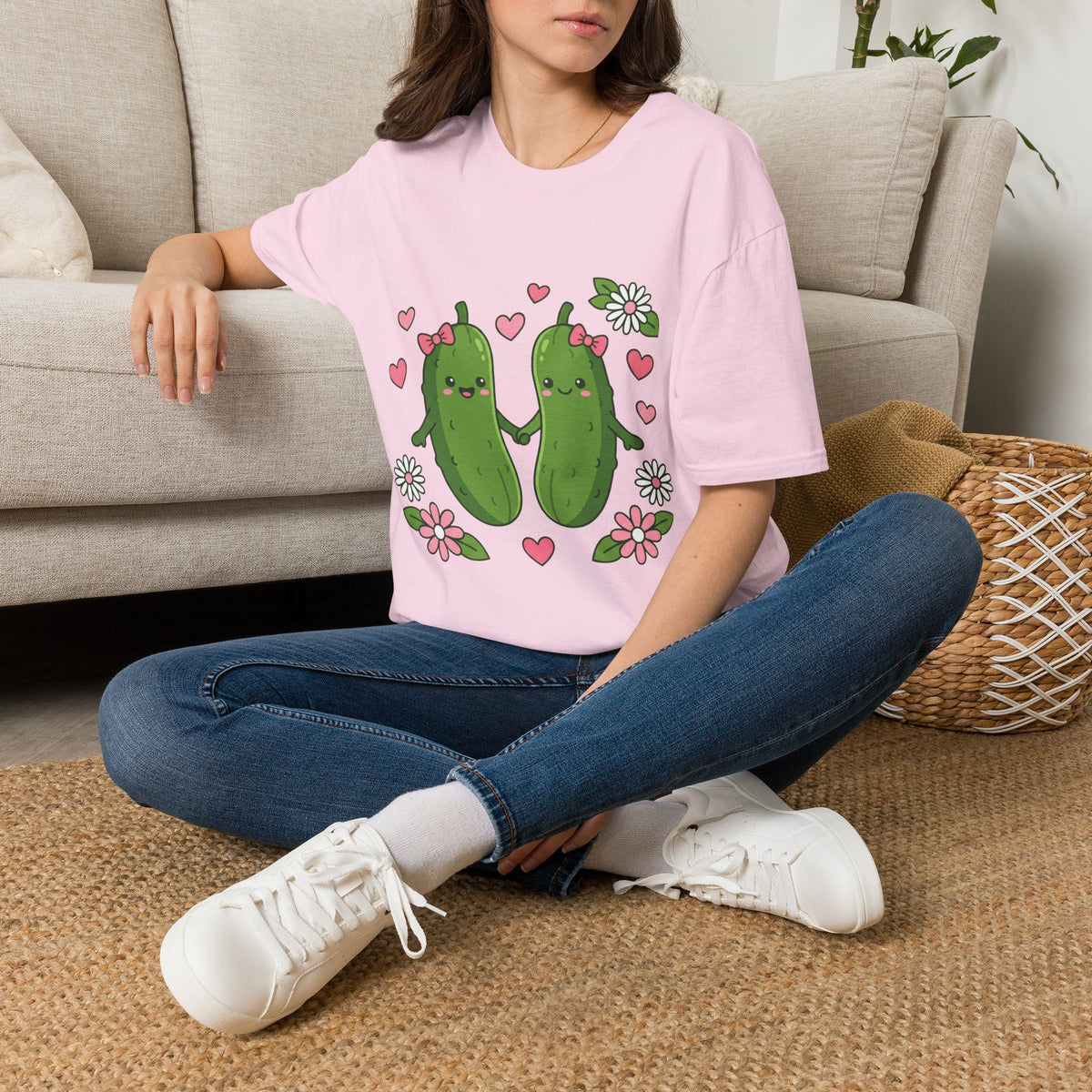 Cute Pickle Couple T-Shirt — Kawaii Matching Pickles with Hearts & Flowers