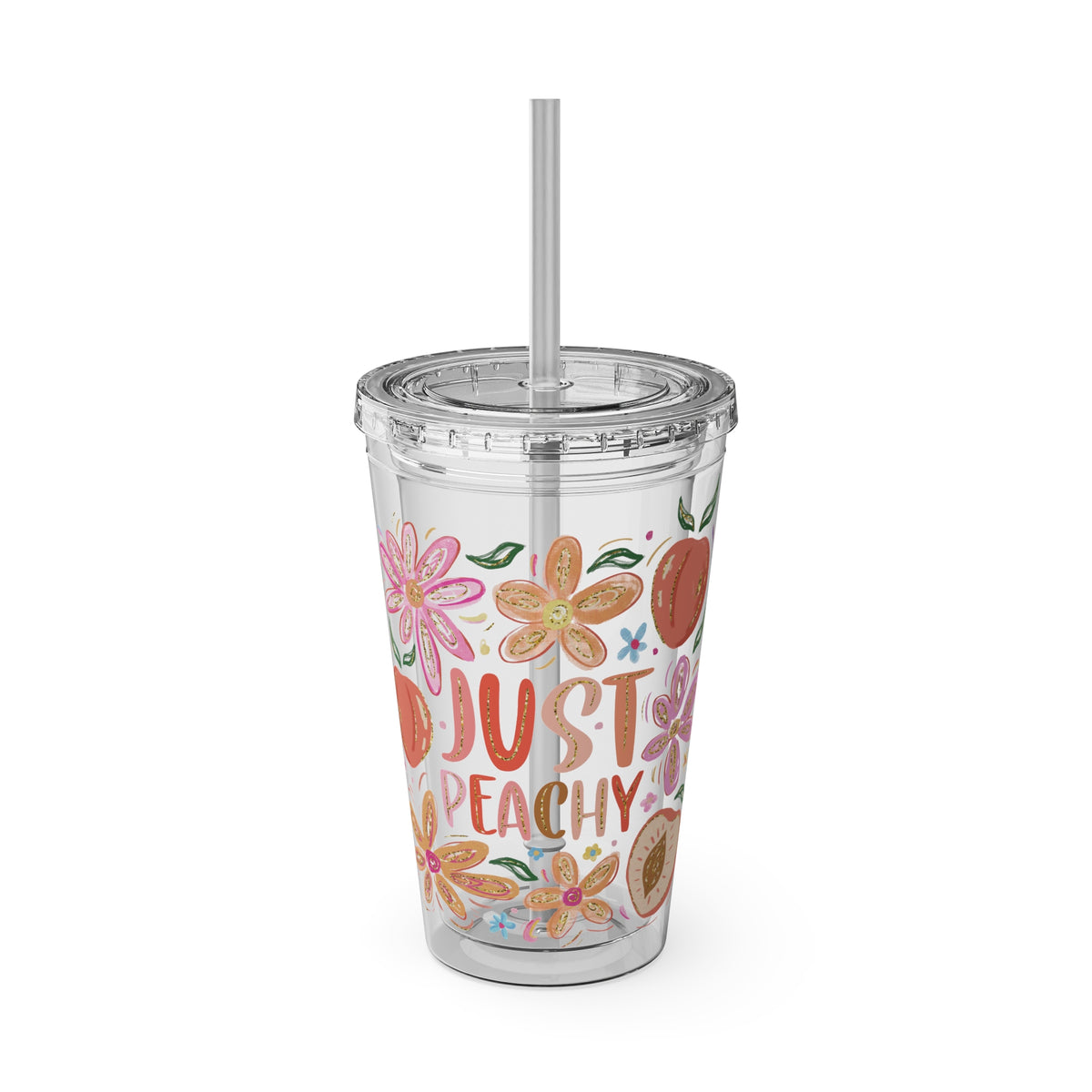 Just Peachy Floral Tumbler — 16oz Insulated Cup with Straw