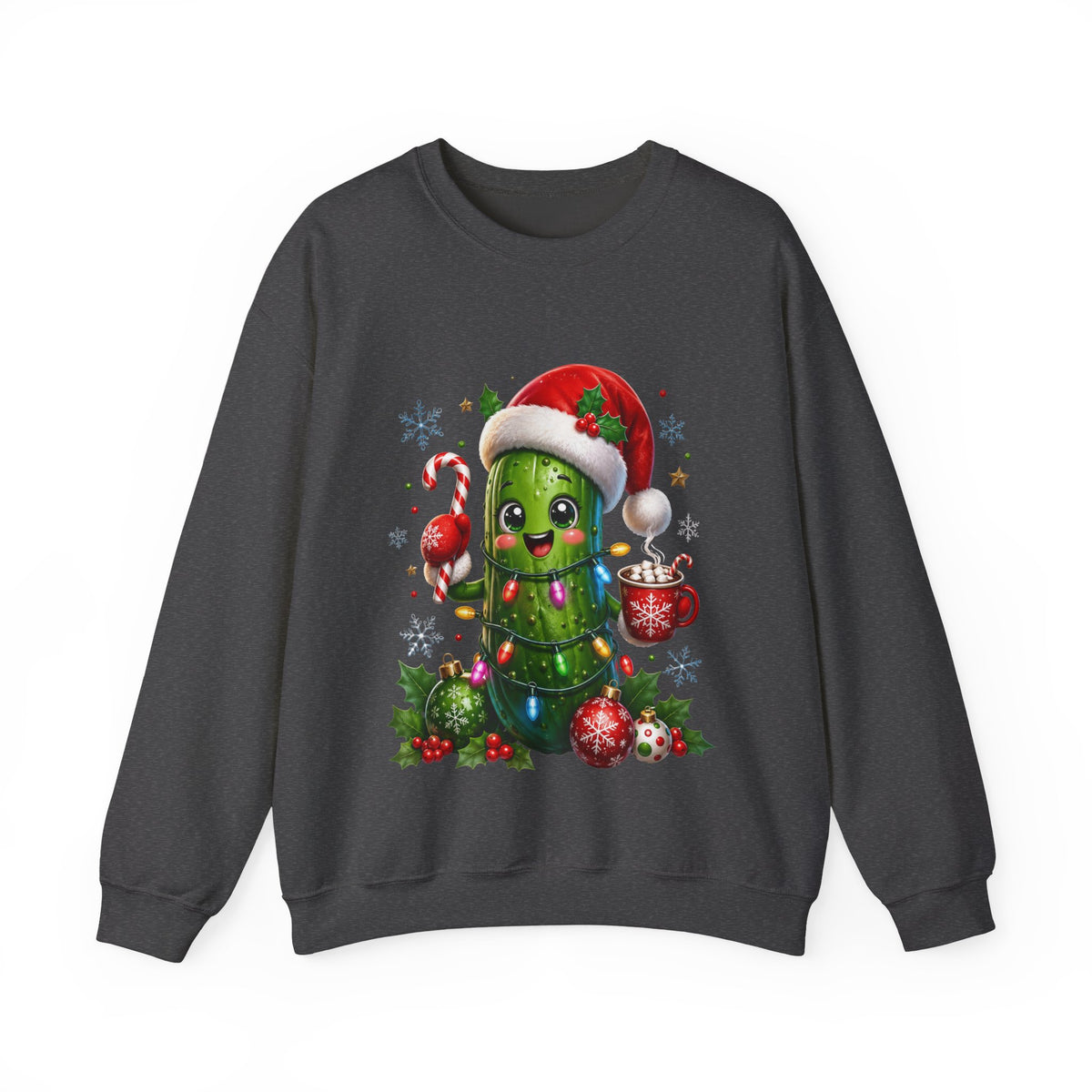 Christmas Pickle Sweatshirt – Cute Santa Hat Pickle with Candy Cane & Hot Cocoa