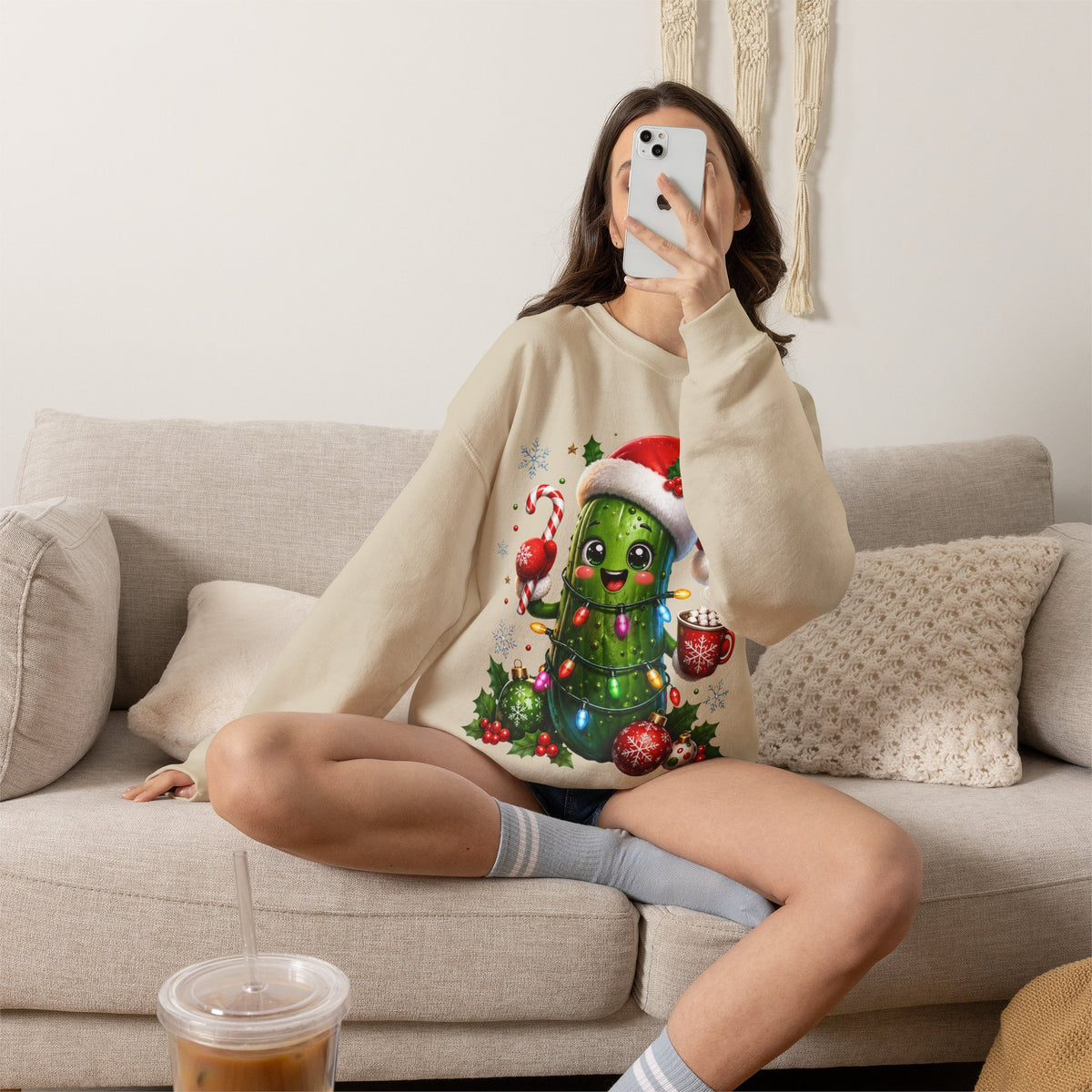 MD - Christmas Pickle Sweatshirt – Cute Holiday Pickle in Santa Hat with Candy Cane & Hot Cocoa